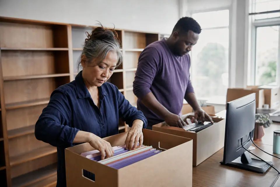 Volunteers packing file boxes in an emptied nonprofit office