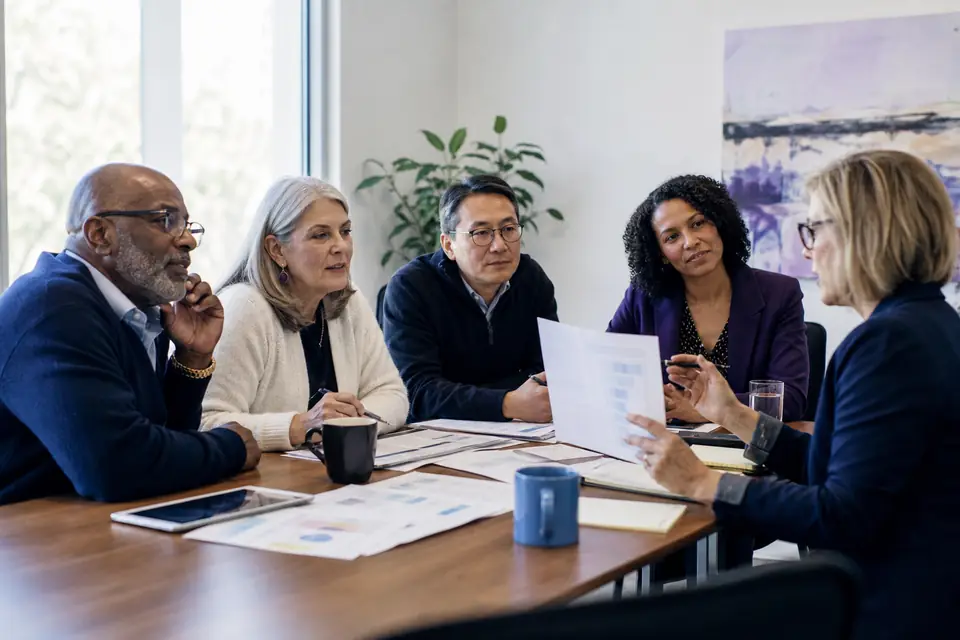 Nonprofit board members reviewing printed financial reports around a conference table