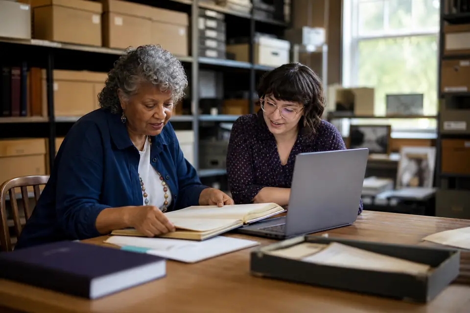 Historical society volunteer and director reviewing a ledger and laptop at a desk