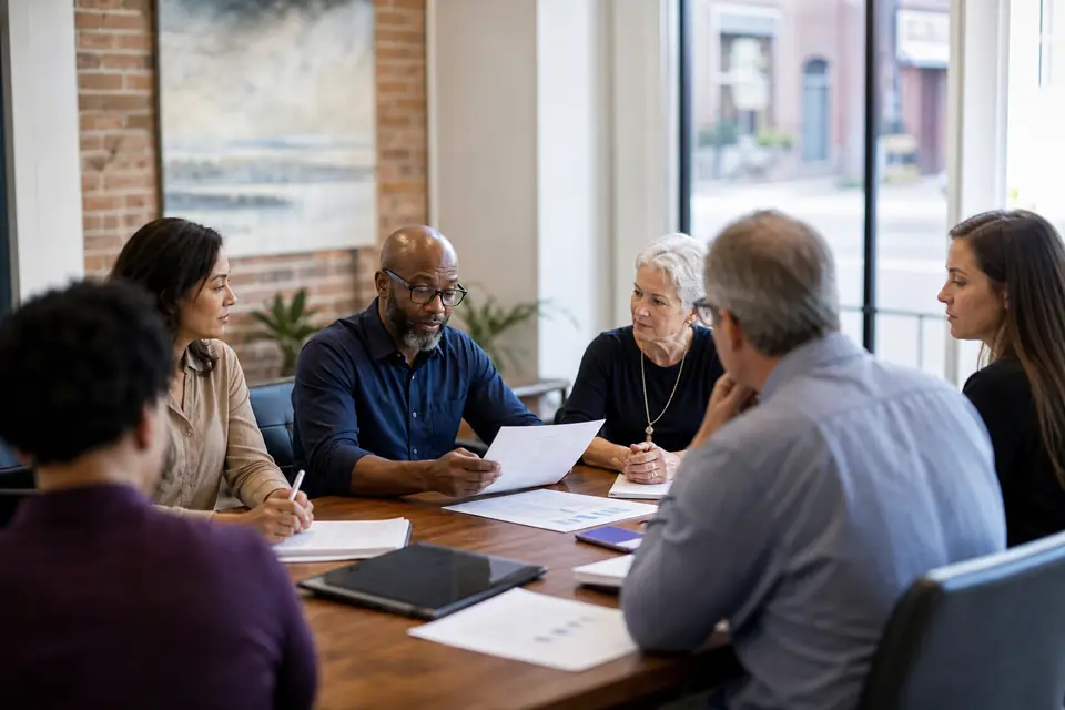 Chamber of commerce board members meeting around a table reviewing a budget