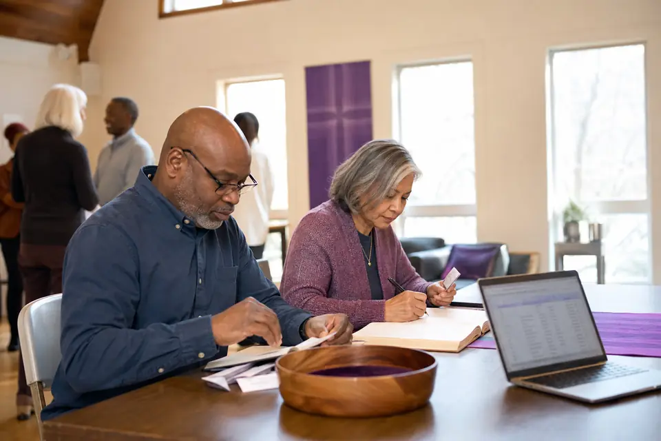 Two church volunteers recording the offering at a fellowship hall table with a ledger