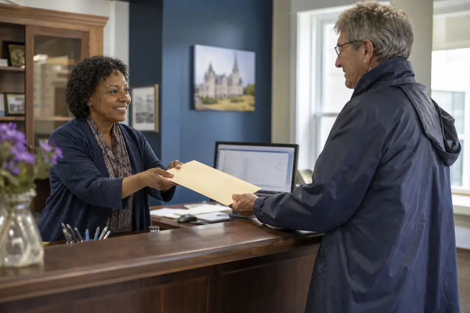 Museum staff member handing a folder of documents to a visitor at the front desk