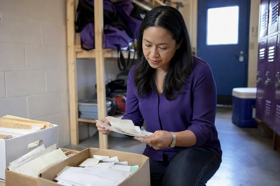 New board treasurer sorting boxes of old financial records in a clubhouse storage room