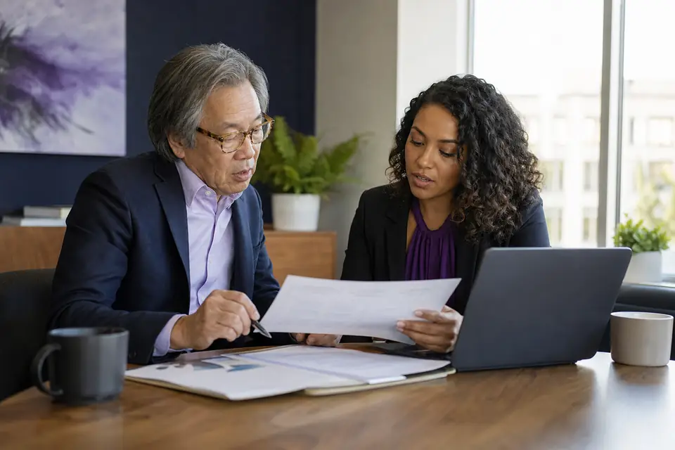 Two private foundation trustees reviewing a grant list in an office