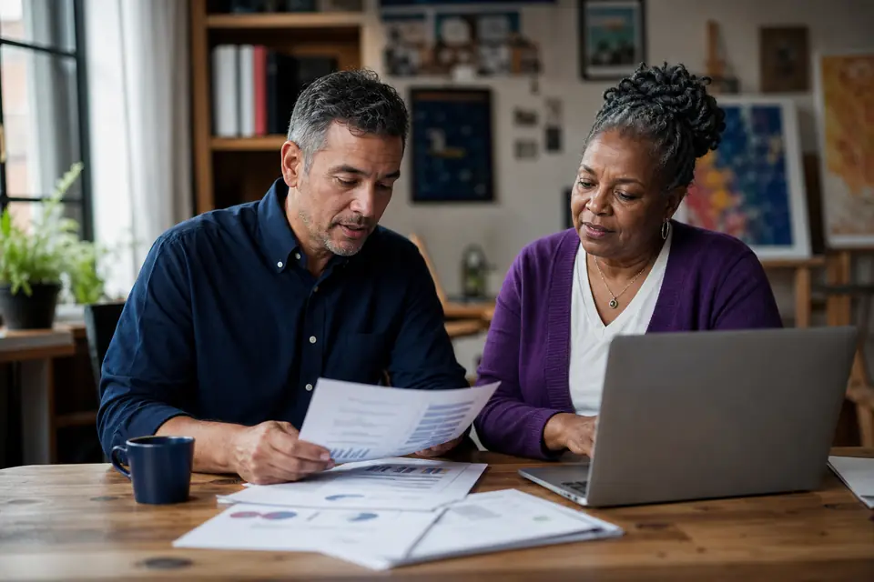 Finance manager and board treasurer reviewing donor reports and a spreadsheet in an arts center office