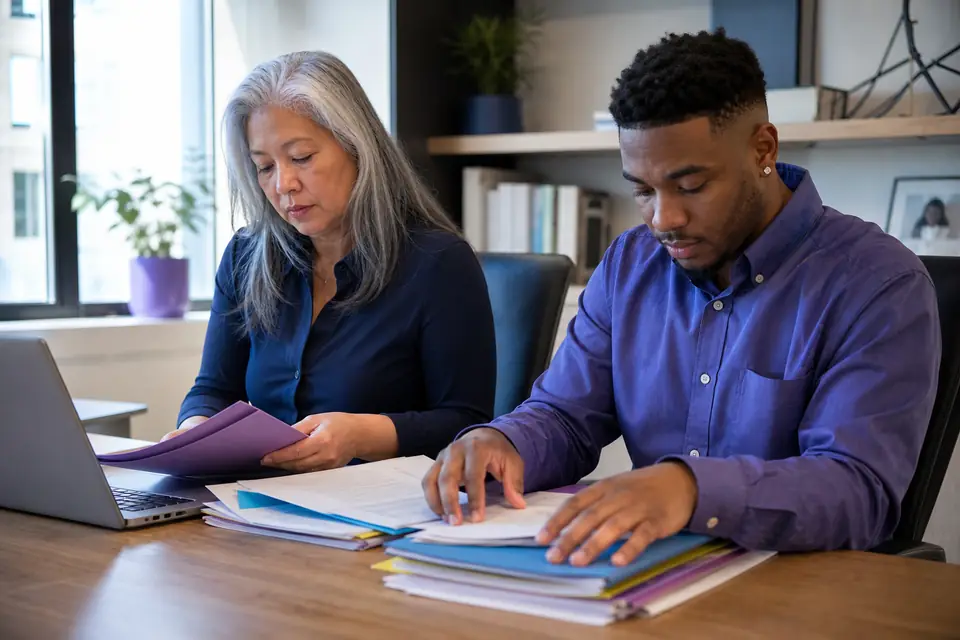 Two nonprofit staff members sorting color-coded folders at a shared office desk