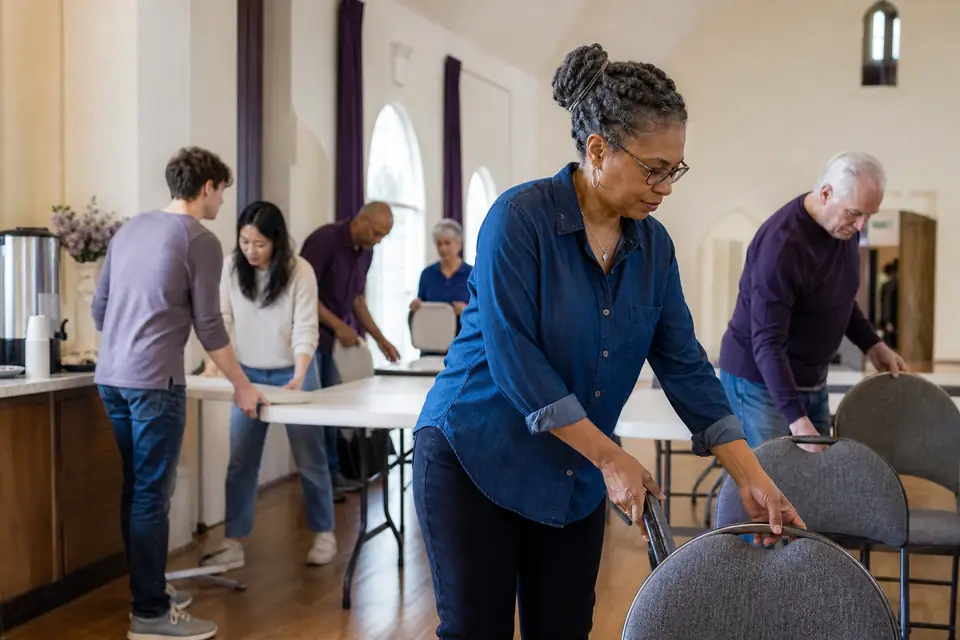Church volunteers setting up folding tables in a fellowship hall on a weekday morning