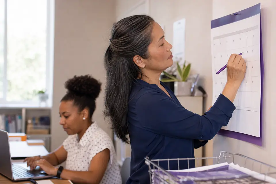 Nonprofit bookkeeper marking a filing deadline on a wall calendar in an office