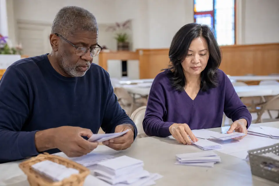Volunteers sorting donation envelopes at a table in a fellowship hall